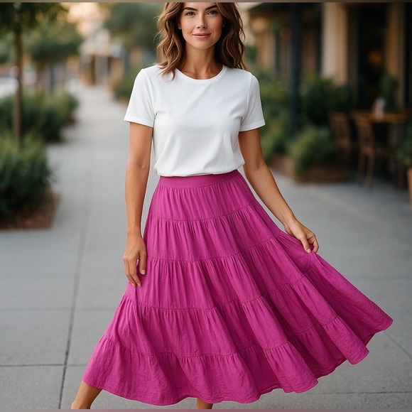 Color Me Cotton Dresses & Skirts - Vintage Fuchsia Color me Cotton orchid pink tiered boho Maxi Skirt, Large